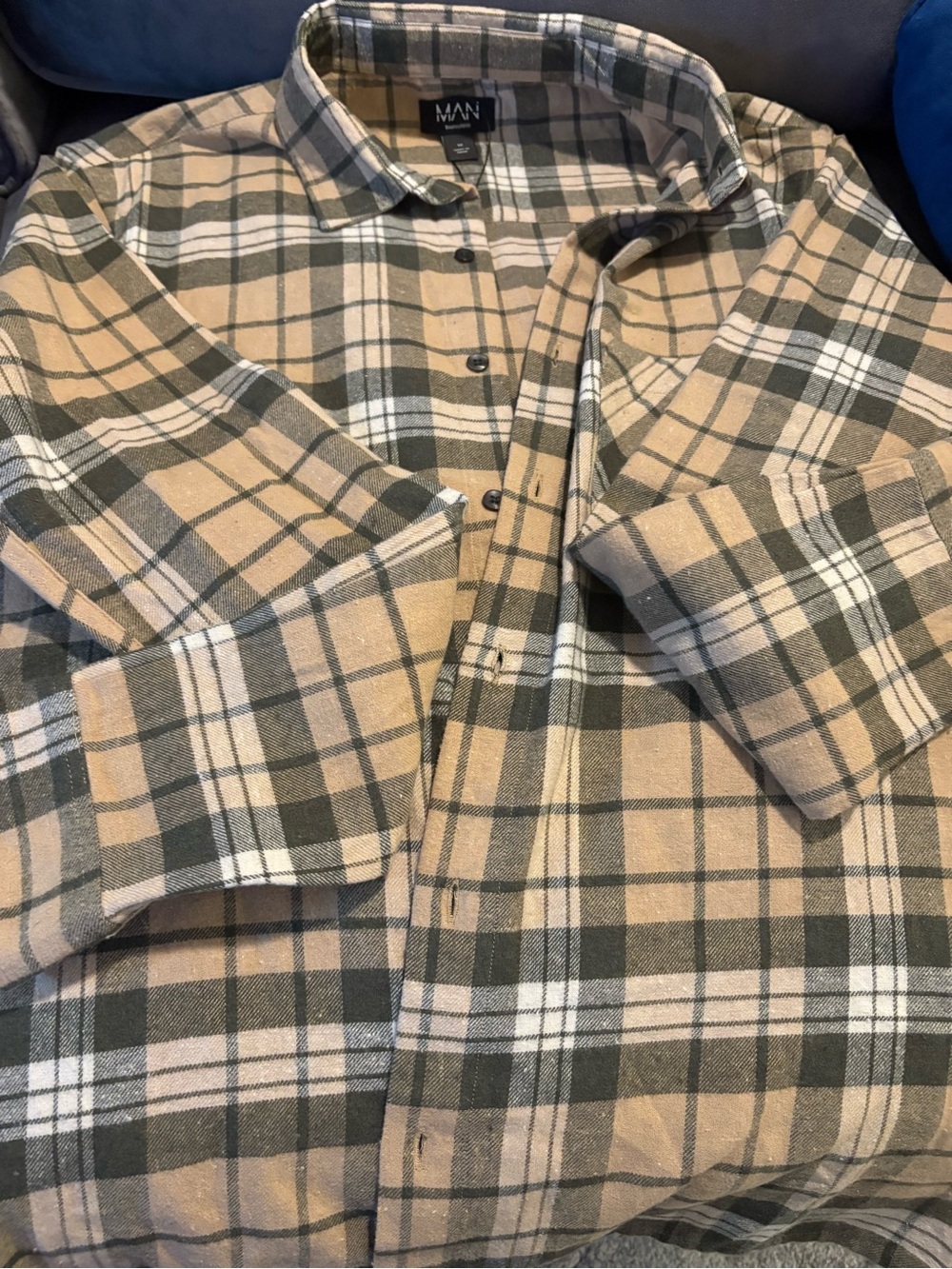 Boohoo Mens Beige and Olive Green Plaid Button-Up Shirt